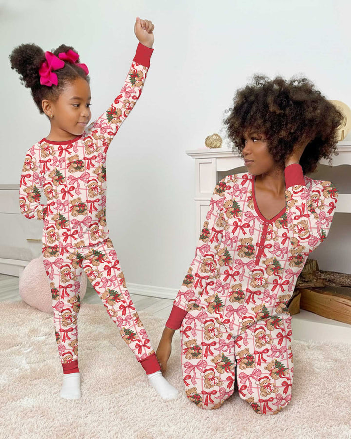 Pink Christmas Teddy Bear Plaid Mommy & Me Matching Bamboo Women Pajama Set
