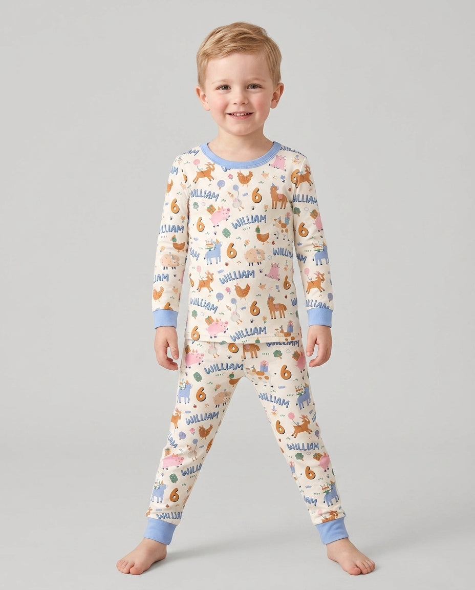 Personalized Farm Animals Birthday Bamboo Two Piece Long Sleeve Pajama Set