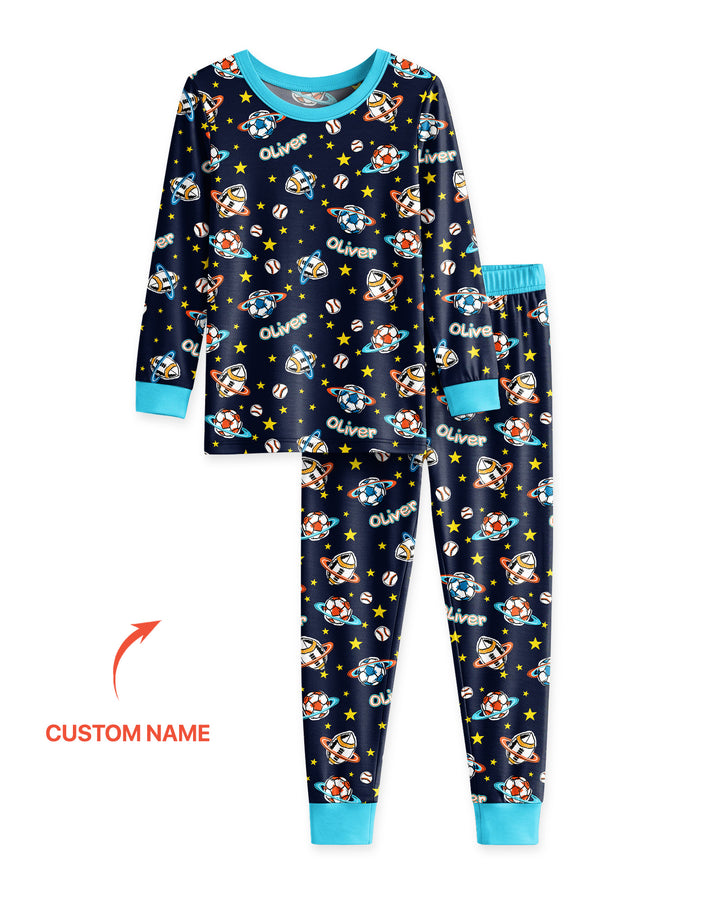 Custom Name Space Sport Bamboo Two Piece Long Sleeve Pajama Set