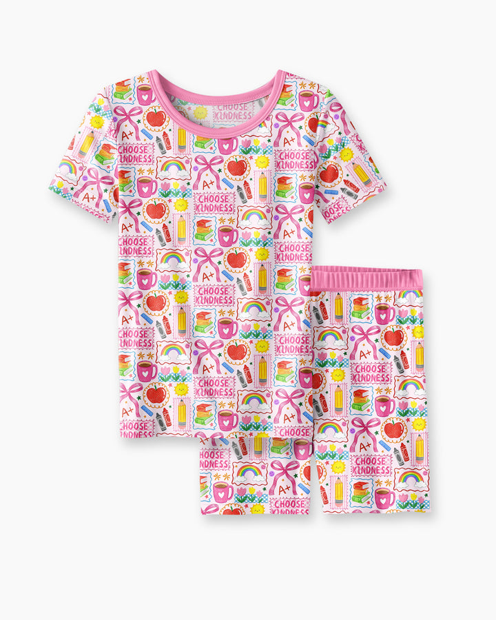 Kindness School Girl Bamboo Two Piece Short Sleeve Shorts Pajama Set
