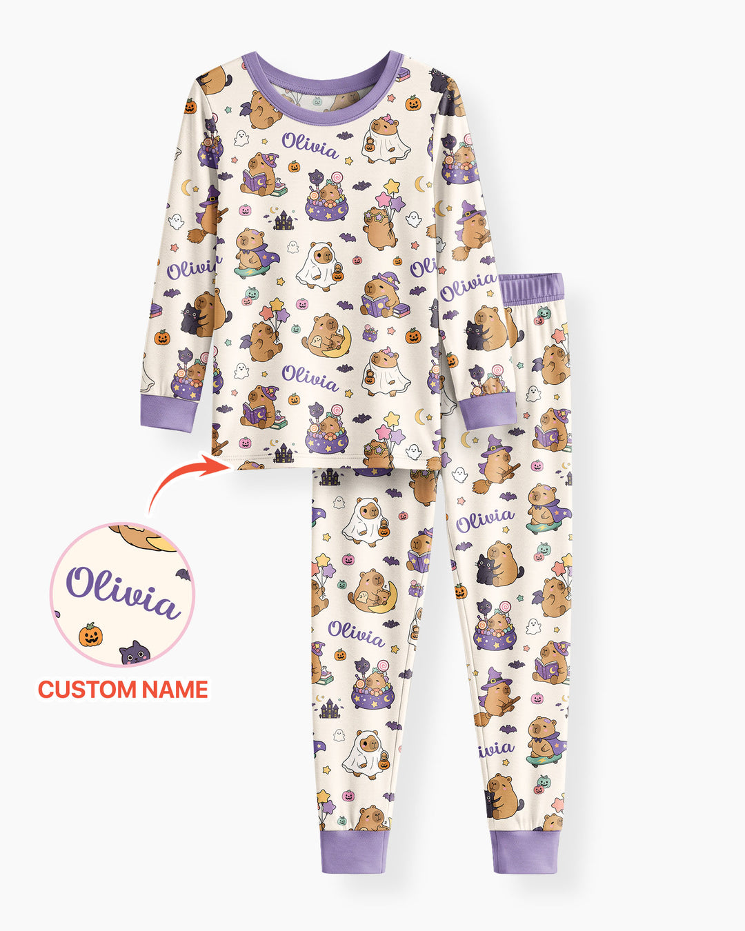 Custom Name Kawaii Halloween Capybara Bamboo Two Piece Long Sleeve Pajama Set