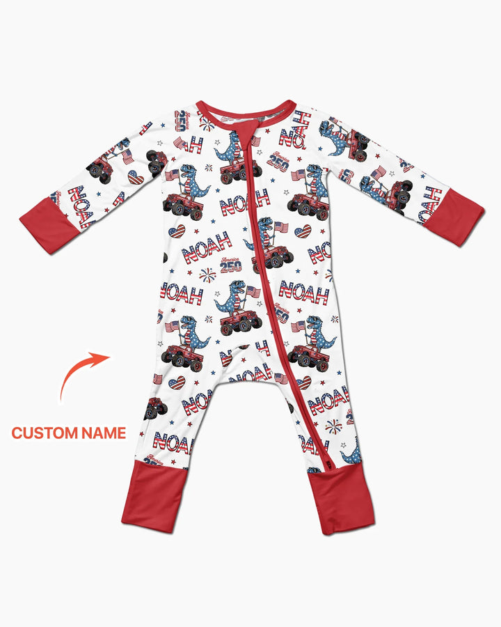 Custom Name American Flag Dinosaur Bamboo Convertible Zippy