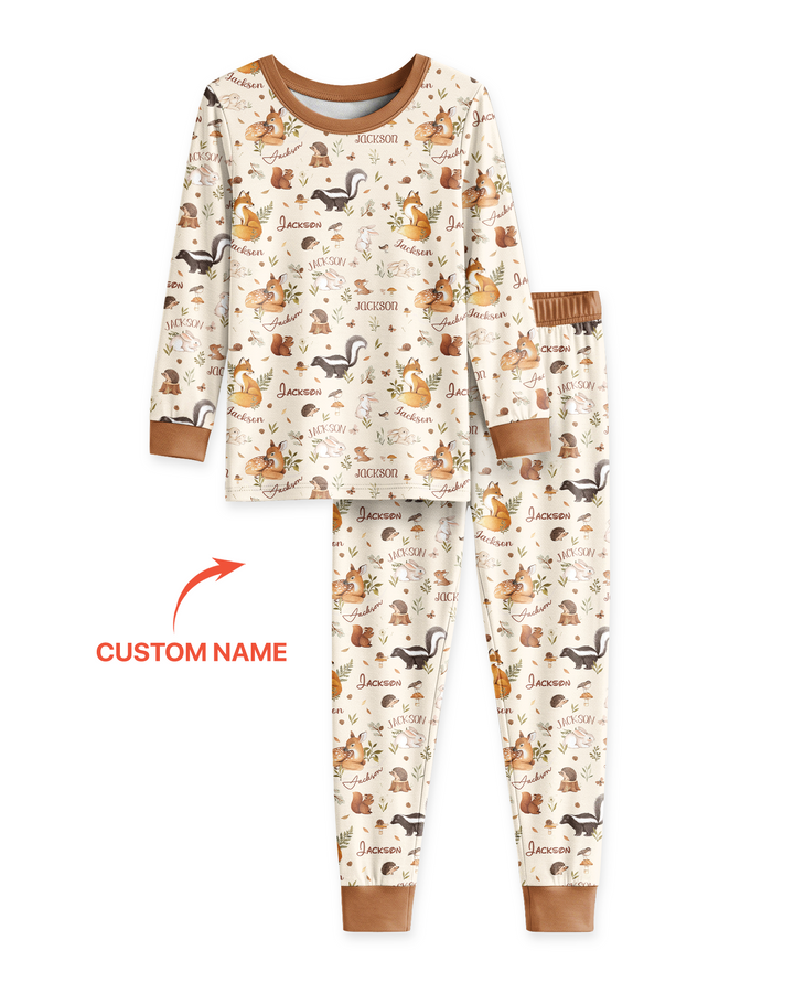 Custom Name Woodland Friends Bamboo Two Piece Long Sleeve Pajama Set