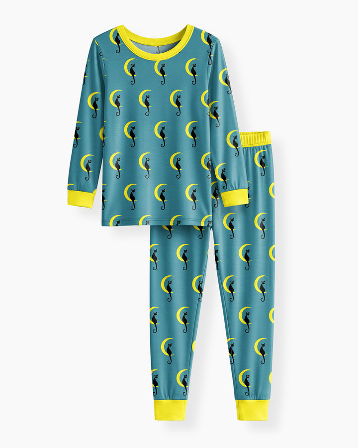 Black Cat Crescent Moon Celestial Night Bamboo Two Piece Long Sleeve Pajama Set