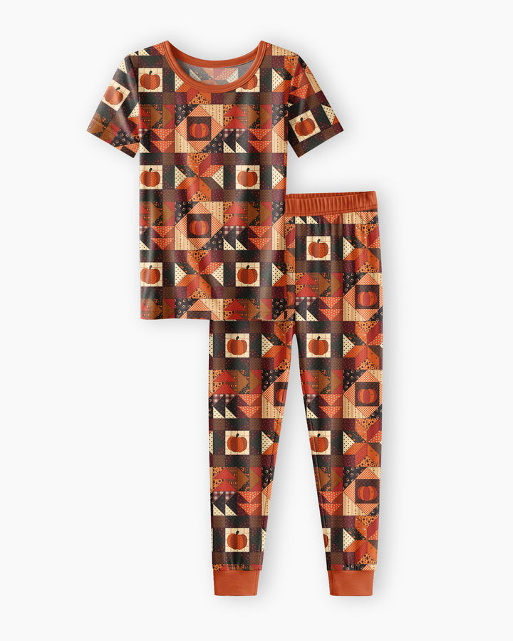 Vintage Pumpkin Patchwork Fall Bamboo Two Piece Short Sleeve Pajama Set