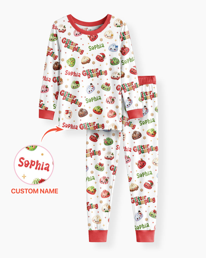 Custom Name Glitter Christmas Dumpling  Bamboo Two Piece Long Sleeve Pajama Set
