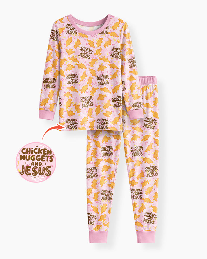 Chicken Nuggets and Jesus Family Matching Bamboo Two Piece Long Sleeve Pajama Set