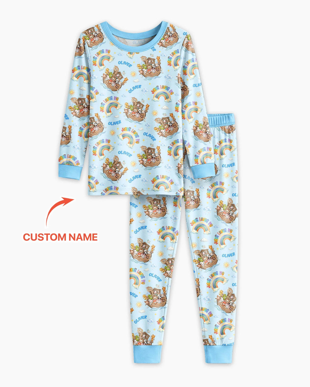 Custom Name Jesus Loves Me Noah's Ark Bamboo Two Piece Long Sleeve Pajama Set