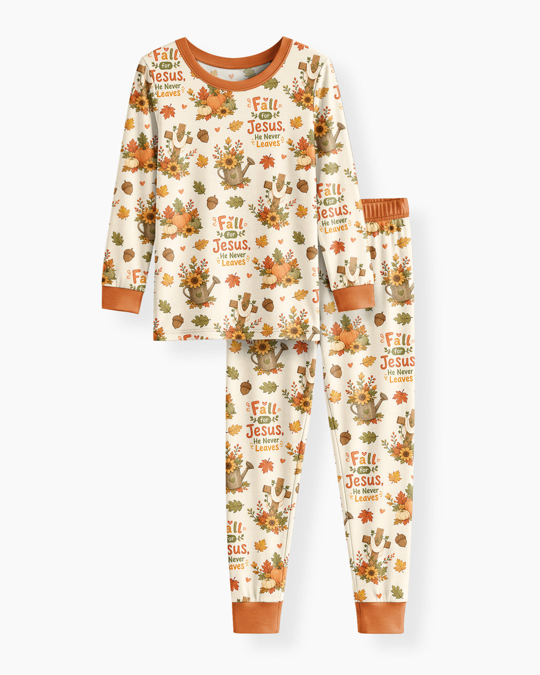 Fall For Jesus He Never Leaves Bamboo Two Piece Long Sleeve Pajama Set