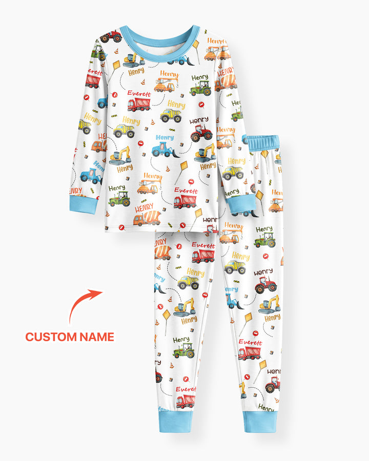 Construction Vehicles Custom Name Bamboo Two Piece Long Sleeve Pajama Set