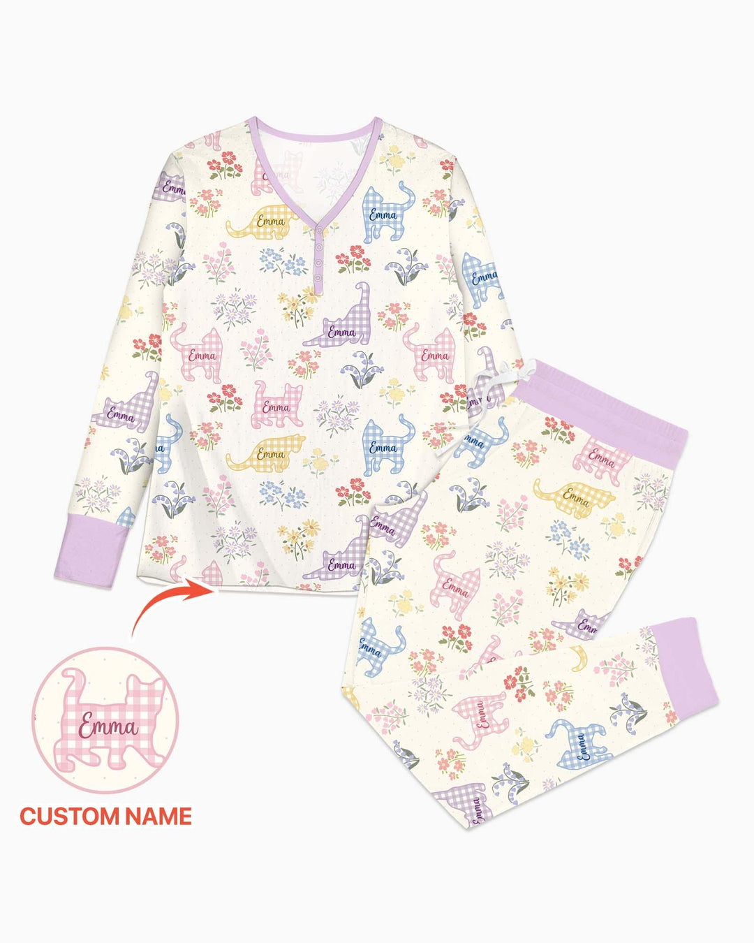 Gingham Cats Custom Name Bamboo Women Pajama Set