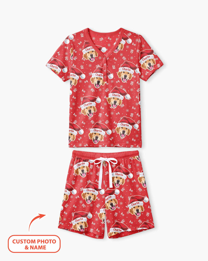 Custom Dog Photo Santa Claus Bamboo Women Short Sleeve Short Pajama Set