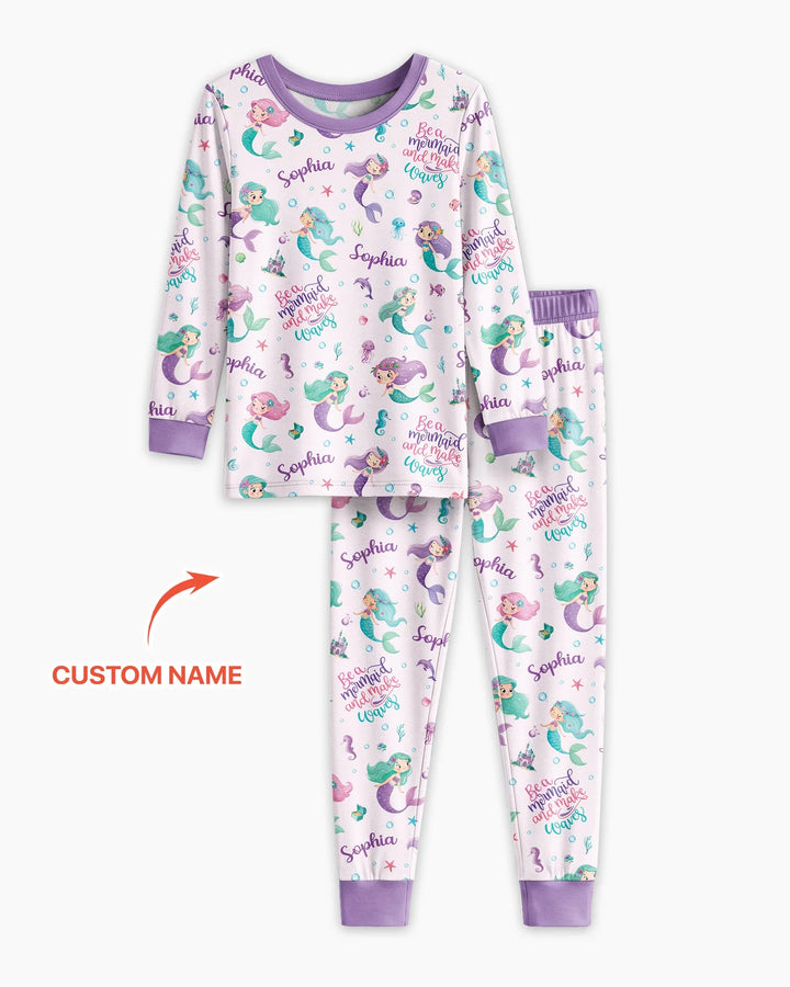 Custom Name Mermaid Make Waves Bamboo Two Piece Long Sleeve Pajama Set