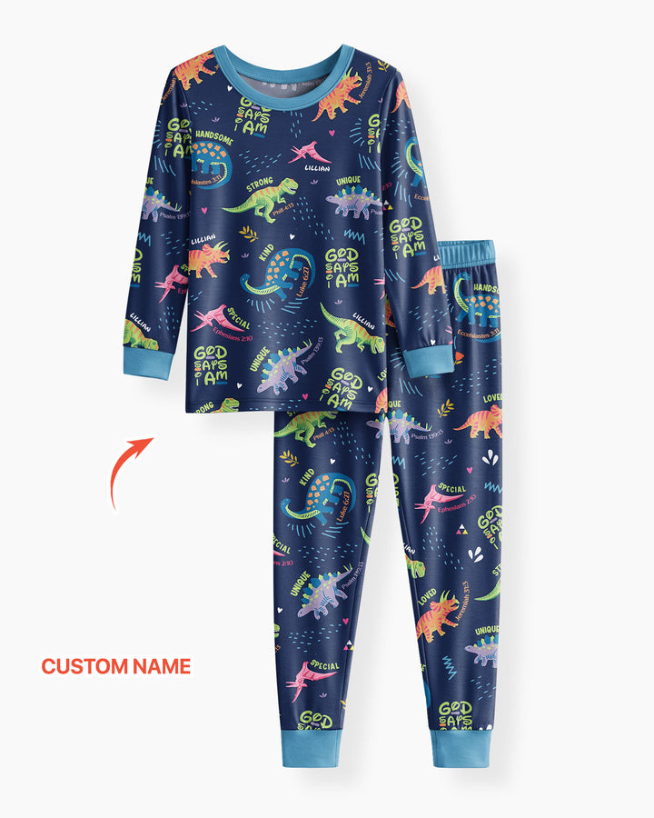 Custom Name God says I am Dinosaur Bamboo Two Piece Long Sleeve Pajama Set