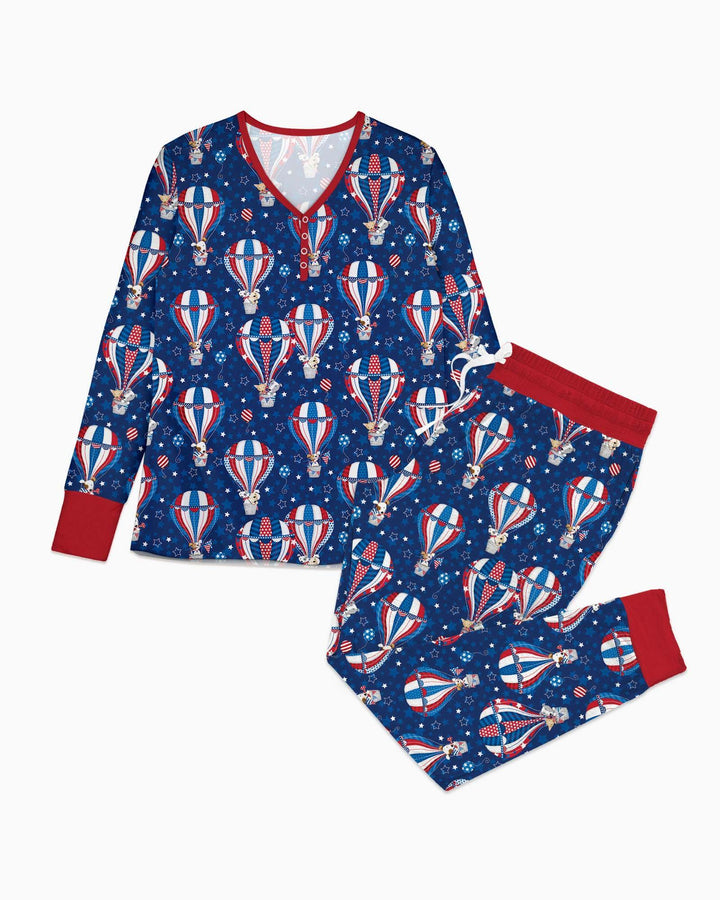 Conjunto de pijama de bambú para mujer a juego con la familia, diseño de cachorros patrióticos en globos aerostáticos