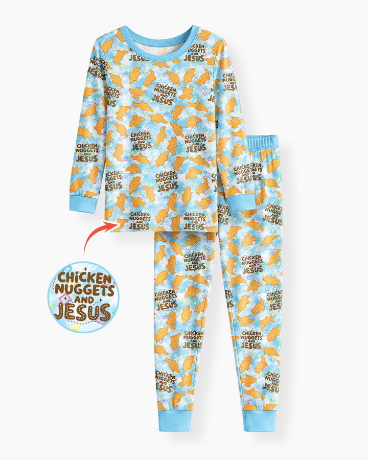 Chicken Nuggets and Jesus Family Matching Bamboo Two Piece Long Sleeve Pajama Set