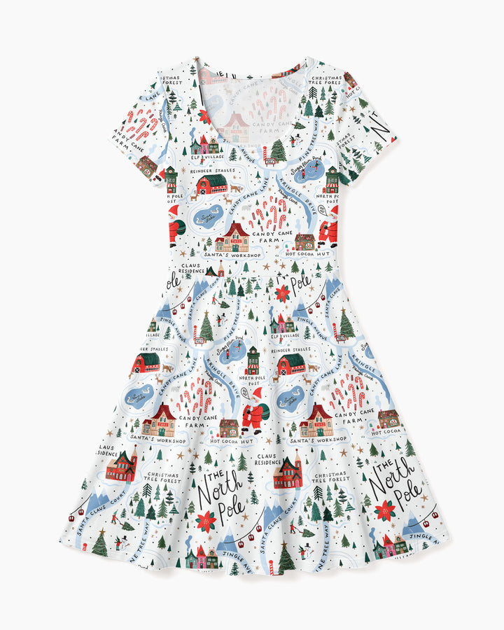 The North Pole Map Bamboo Women’s Short Sleeve Twirl Dress