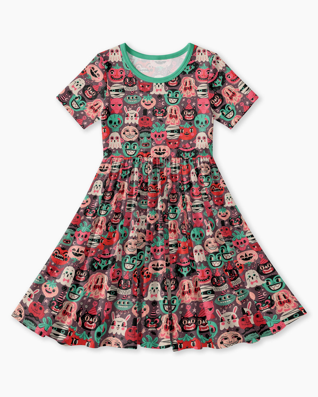 Retro Halloween Monsters Ghost Pumpkin Mummy Bamboo Twirl Dress