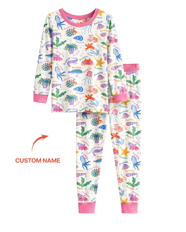 Tide Pool Pals Custom Name Bamboo Two Piece Long Sleeve Pajama Set