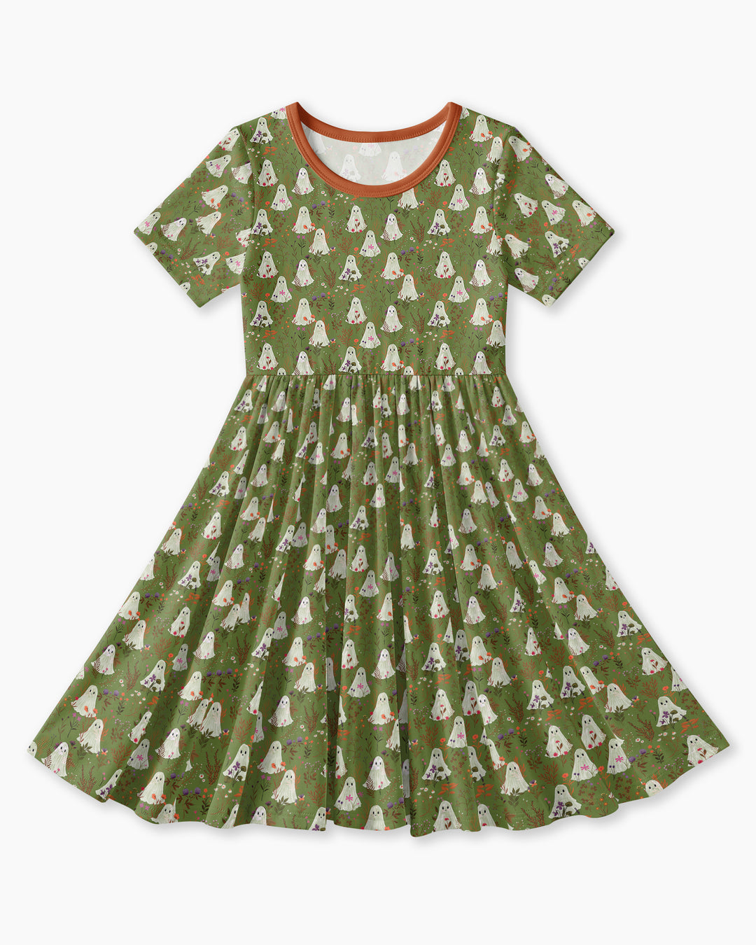 Cute Ghost Halloween Moss Green Floral Bamboo Twirl Dress