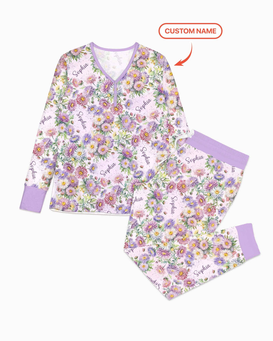 Benutzerdefinierter Name Geburtsmonatsblumen Bambus Damen Schlafanzug-Set