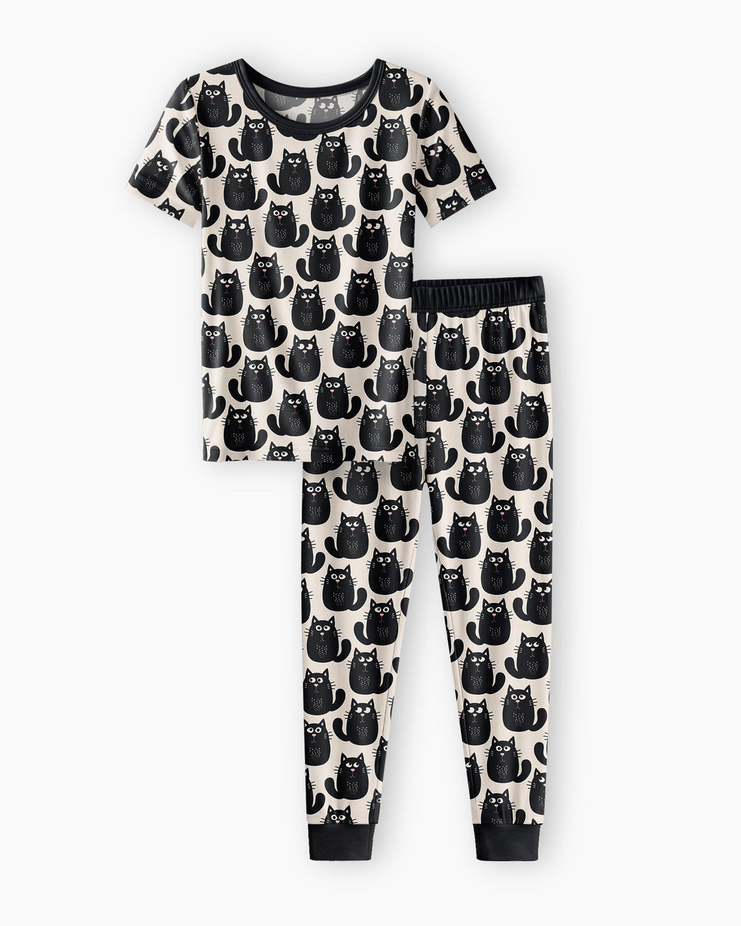 Moody Black Cats in Black and White Bamboo Two Piece Short Sleeve Pajama Set