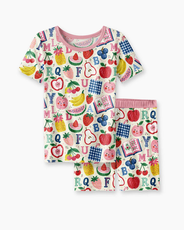Back To School Fruit Alphabet Bamboo Two Piece Short Sleeve Shorts Pajama Set