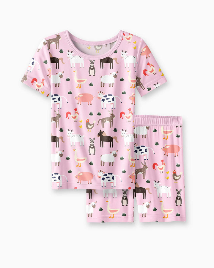 Rosa Bauernhoftiere Bambus Zweiteiliger Kurzarm Shorts Pyjama-Set