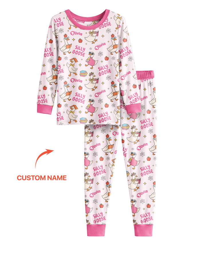 Custom Name Silly Goose Back to School Bamboo Two Piece Long Sleeve Pajama Set
