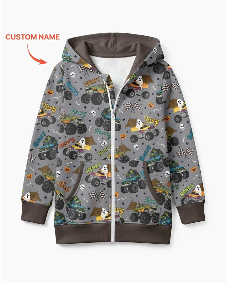 Custom Name Halloween Creepy Crusher Family Matching Bamboo Zip Hoodie