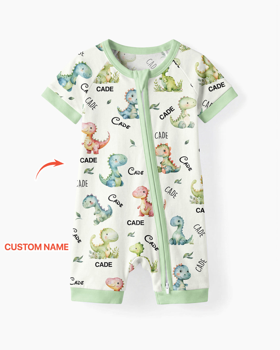 Pijama corto de bambú con cremallera y nombre personalizado de dinosaurio