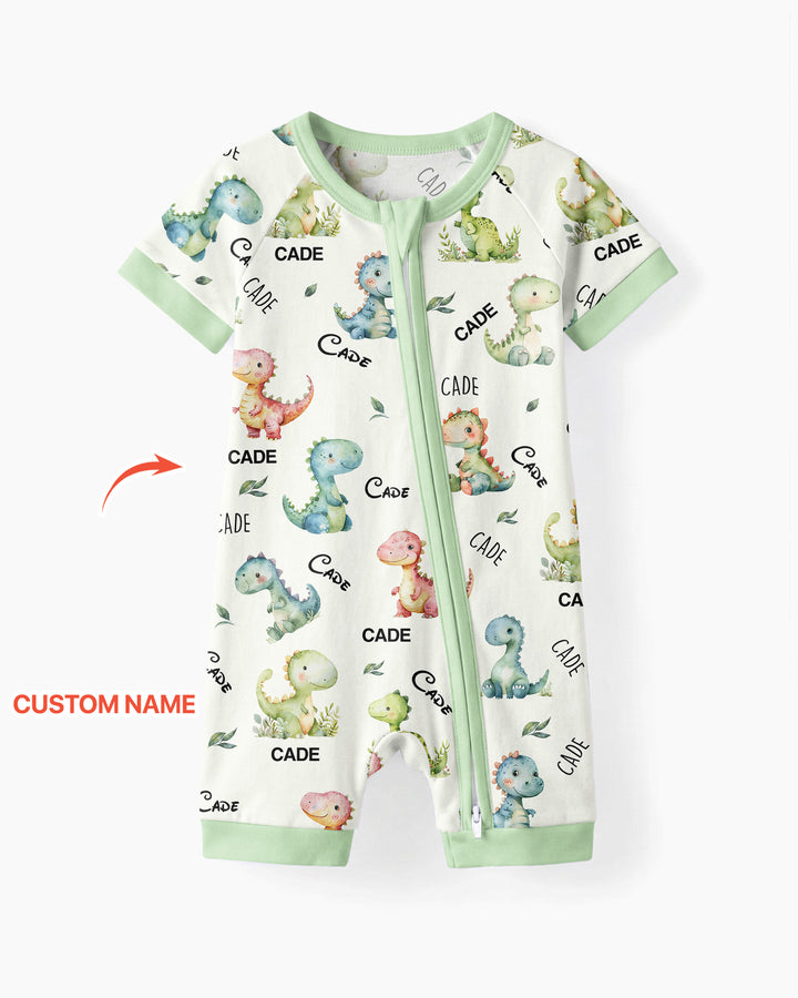 Pijama corto de bambú con cremallera y nombre personalizado de dinosaurio
