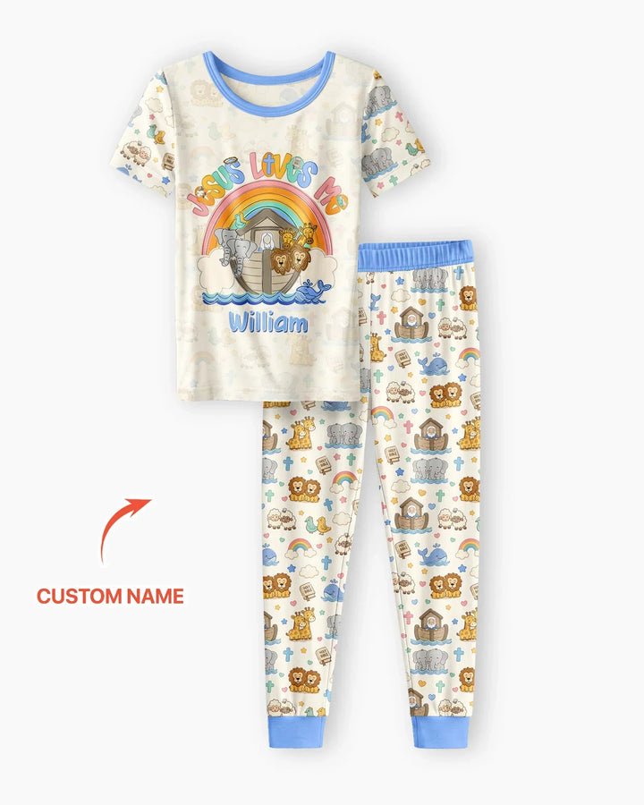 Custom Name Noah's Ark Jesus Loves Me Bamboo Two Piece Short Sleeve Pajama Set