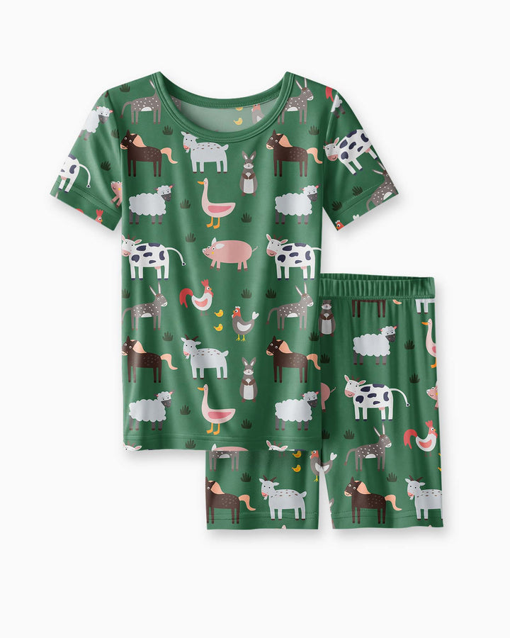 Grüne Bauernhoftiere Bambus Zweiteiliges Kurzarm-Shorts-Schlafanzugset