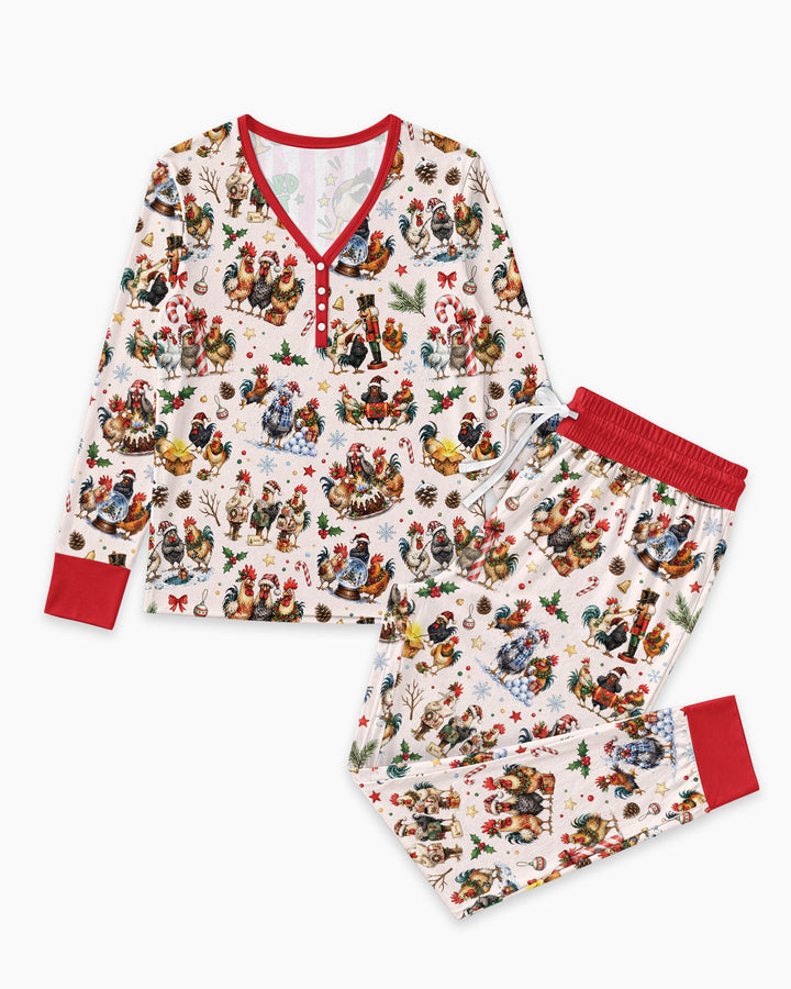 Funny Roosters On Christmas Bamboo Women Pajama Set