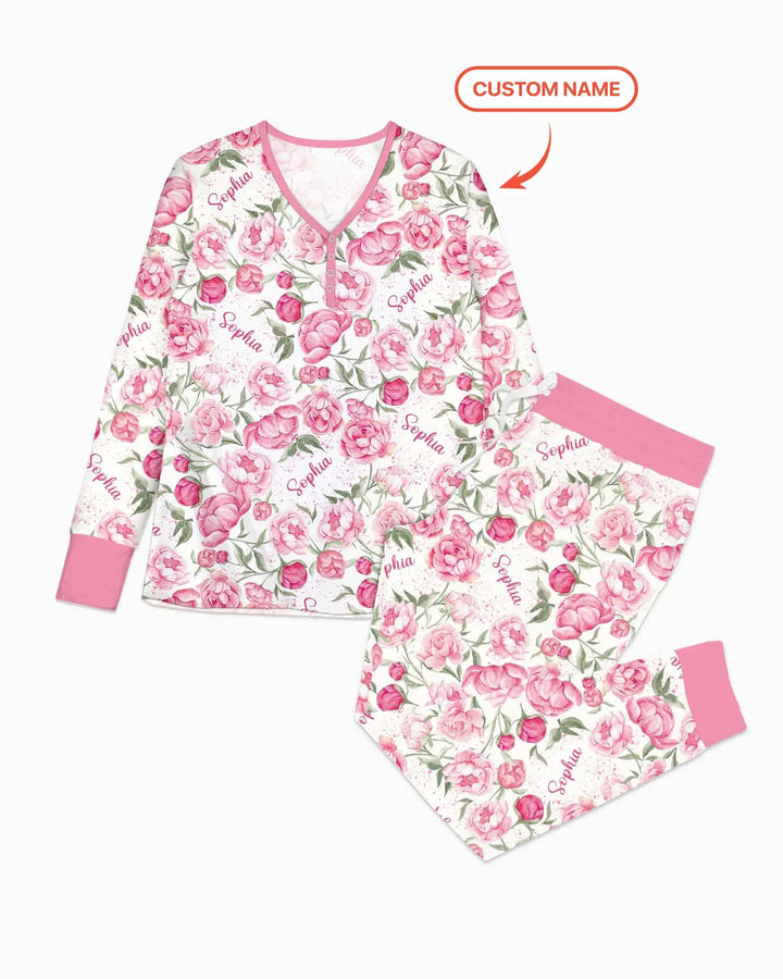 Benutzerdefinierter Name Geburtsmonatsblumen Bambus Damen Schlafanzug-Set
