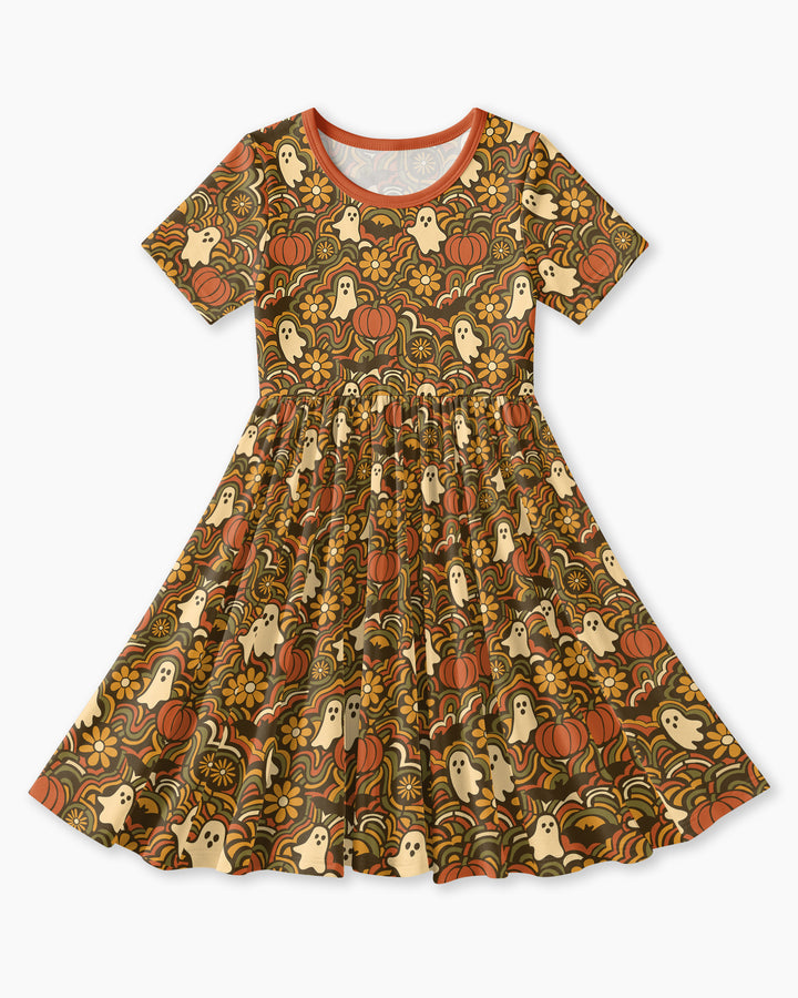 Retro Halloween Ghost Pumpkin Floral Bamboo Twirl Dress
