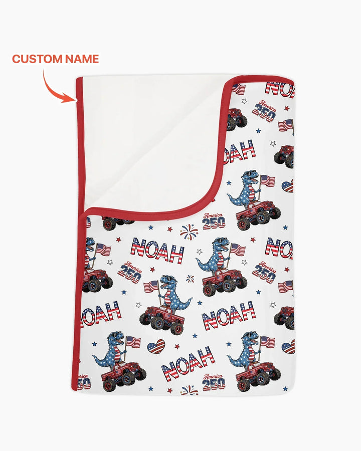 Custom Name American Flag Dinosaur Bamboo Blanket