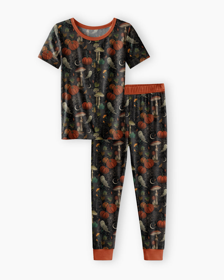 Spooky Cute Ghost Pumpkin Mushroom Halloween Bamboo Two Piece Short Sleeve Pajama Set