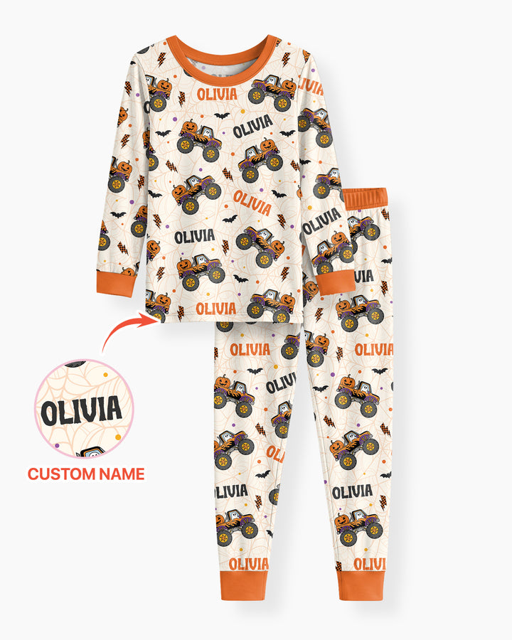 Custom Name Halloween Monster Truck Bamboo Two Piece Long Sleeve Pajama Set