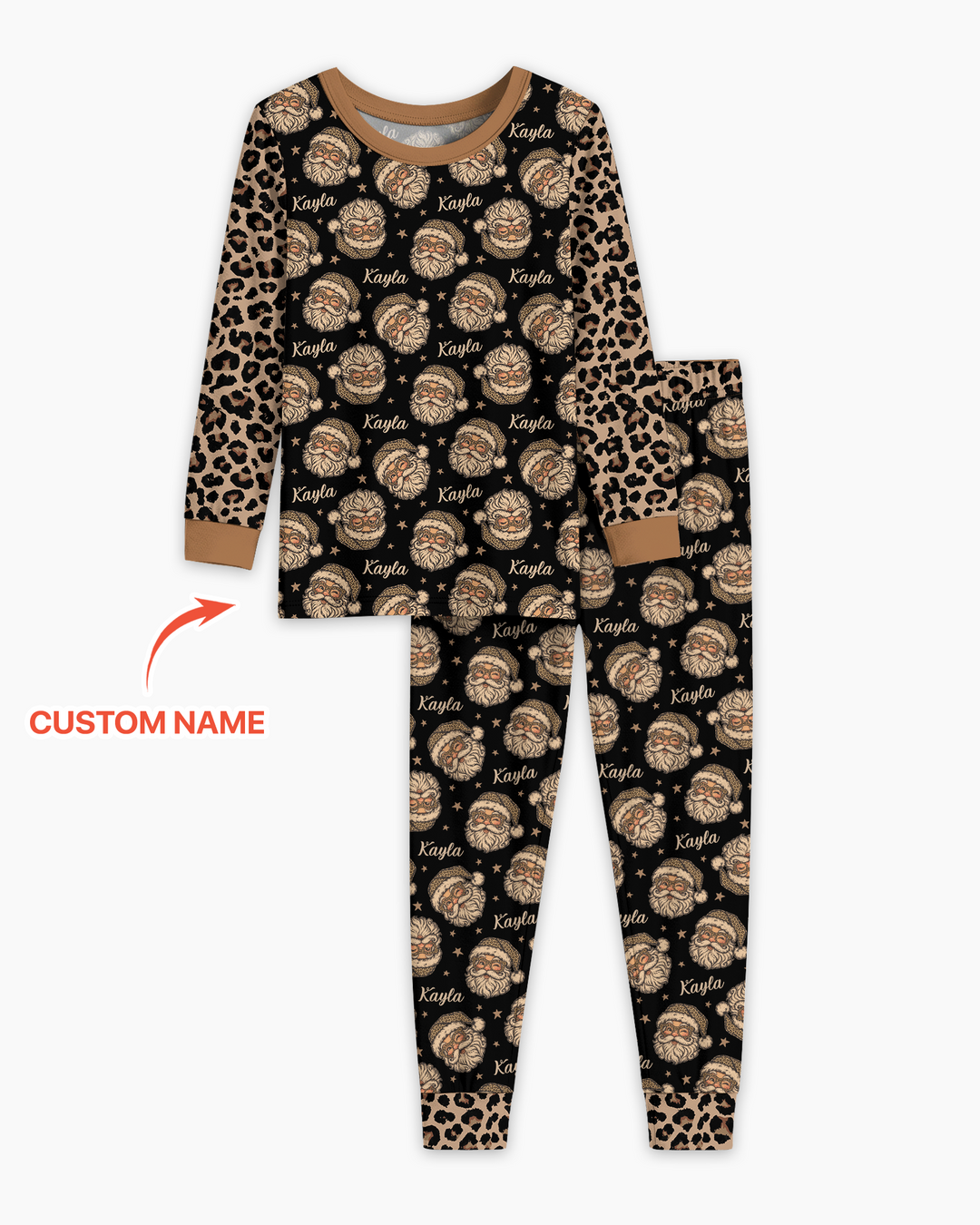 Custom Name Vintage Leopard Santa Bamboo Two Piece Long Sleeve Pajama Set