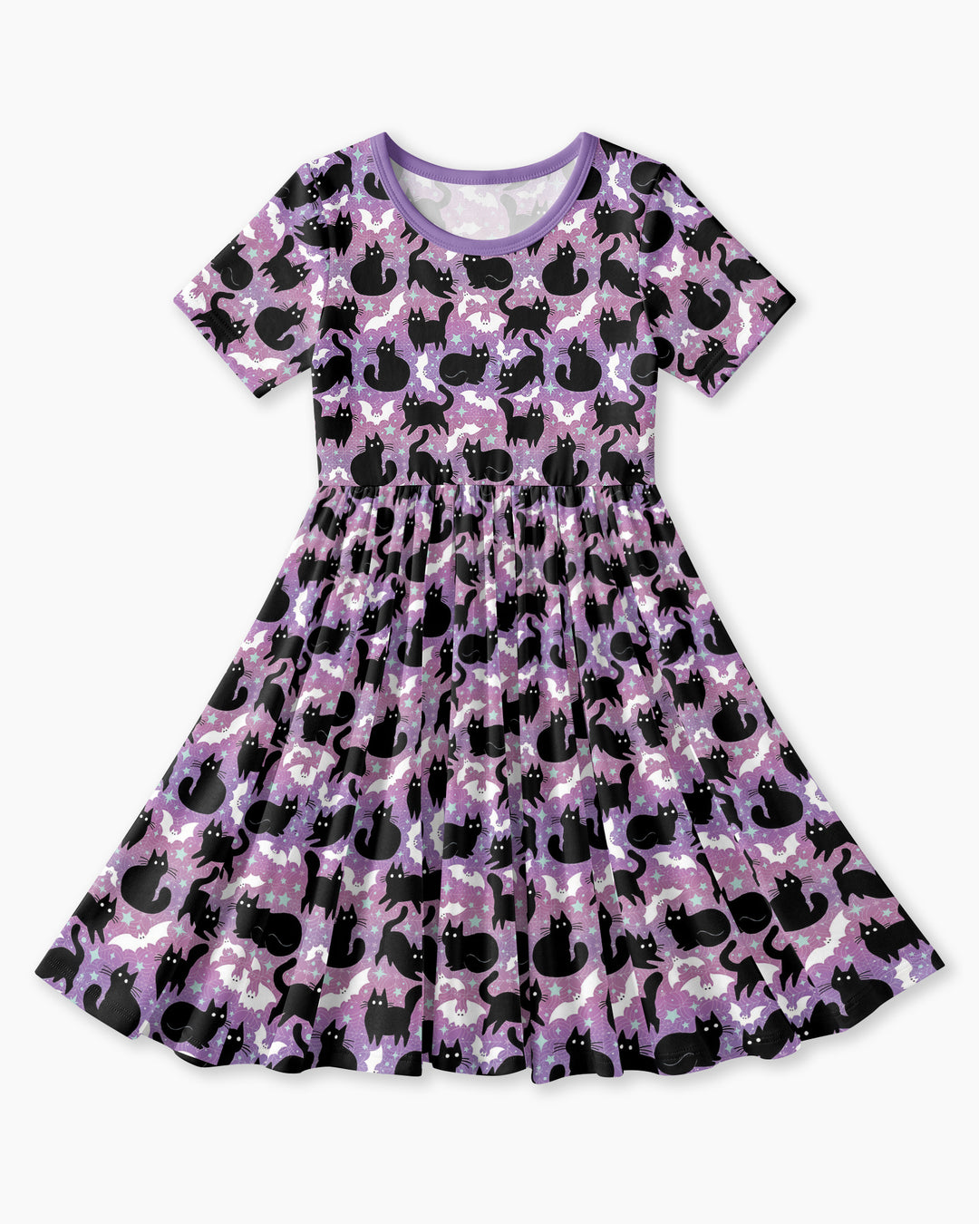 Spooky Black Cat Halloween Purple Bats Bamboo Twirl Dress
