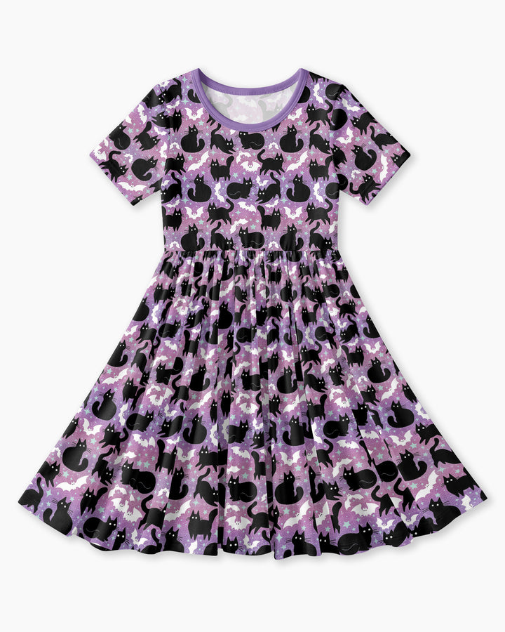 Spooky Black Cat Halloween Purple Bats Bamboo Twirl Dress