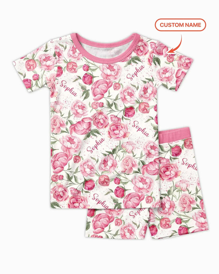 Custom Name Birth Month Flowers Bamboo Two Piece Short Sleeve Shorts Pajama Set