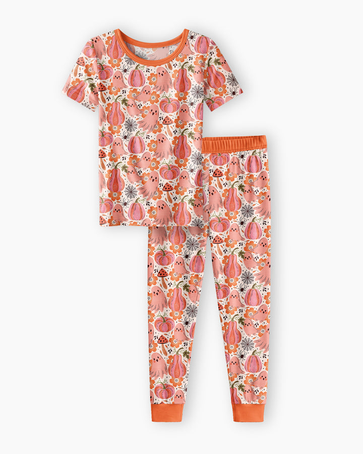 Pink Ghost Pumpkin Fall Floral Halloween Bamboo Two Piece Short Sleeve Pajama Set
