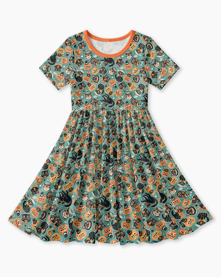 Retro Black Cat Witch Pumpkin Halloween Bamboo Twirl Dress