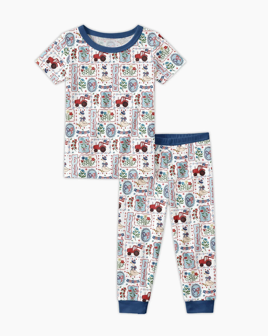Pijama de dos piezas de bambú de manga corta a juego para la familia, diseño de ganso tonto, estilo patriótico de EE. UU.