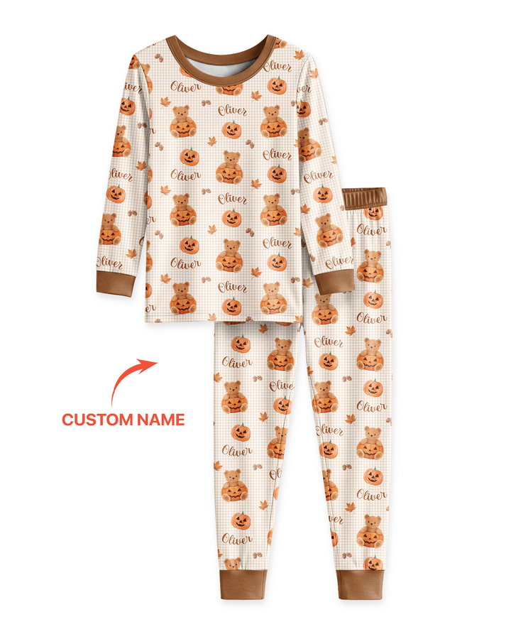 Custom Name Pumpkin Teddy Bamboo Two Piece Long Sleeve Pajama Set