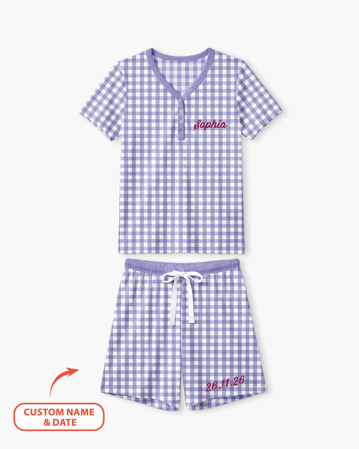 Embroidered Seersucker Bamboo Women Short Sleeve Short Pajama Set