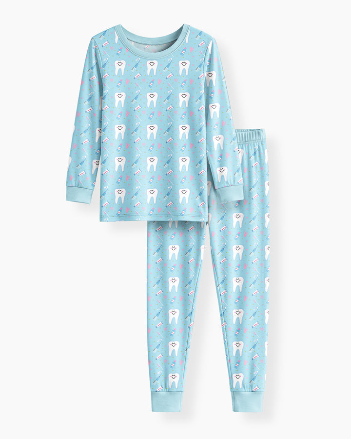 Brushing Teeth Blue Bamboo Two Piece Long Sleeve Pajama Set
